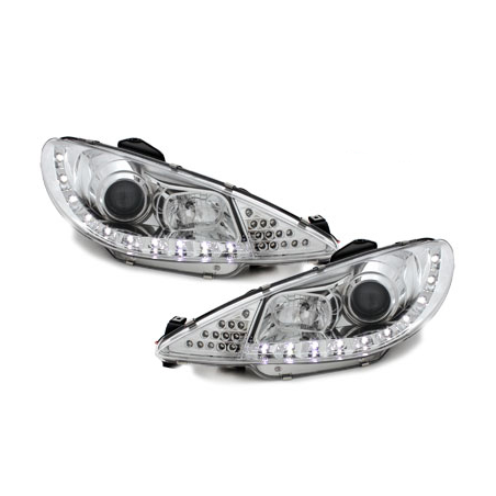 Phares DAYLINE Peugeot 206 98-07  avec feux diurne LED  Chrome