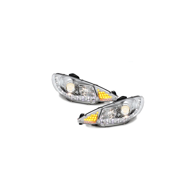Phares DAYLINE Peugeot 206 98-07  avec feux diurne LED  Chrome