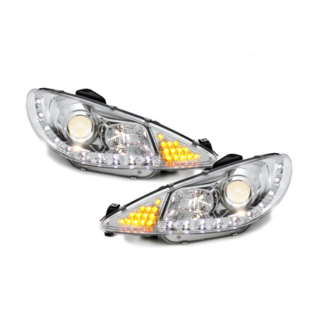 Phares DAYLINE Peugeot 206 98-07  avec feux diurne LED  Chrome