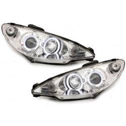 Phares Peugeot 206 98-07  avec 2 Anneaux lumineux Angel Eyes _ RHD Chrome