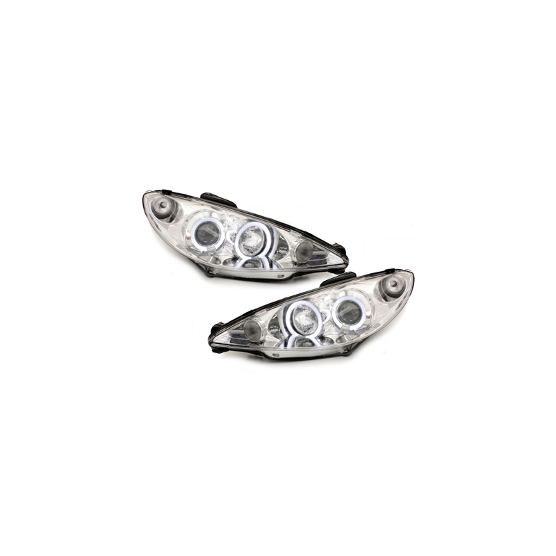 Phares Peugeot 206 98-07  avec 2 Anneaux lumineux Angel Eyes _ RHD Chrome