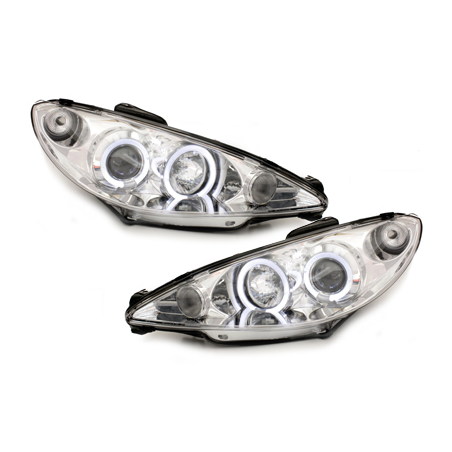 Phares Peugeot 206 98-07  avec 2 Anneaux lumineux Angel Eyes _ RHD Chrome