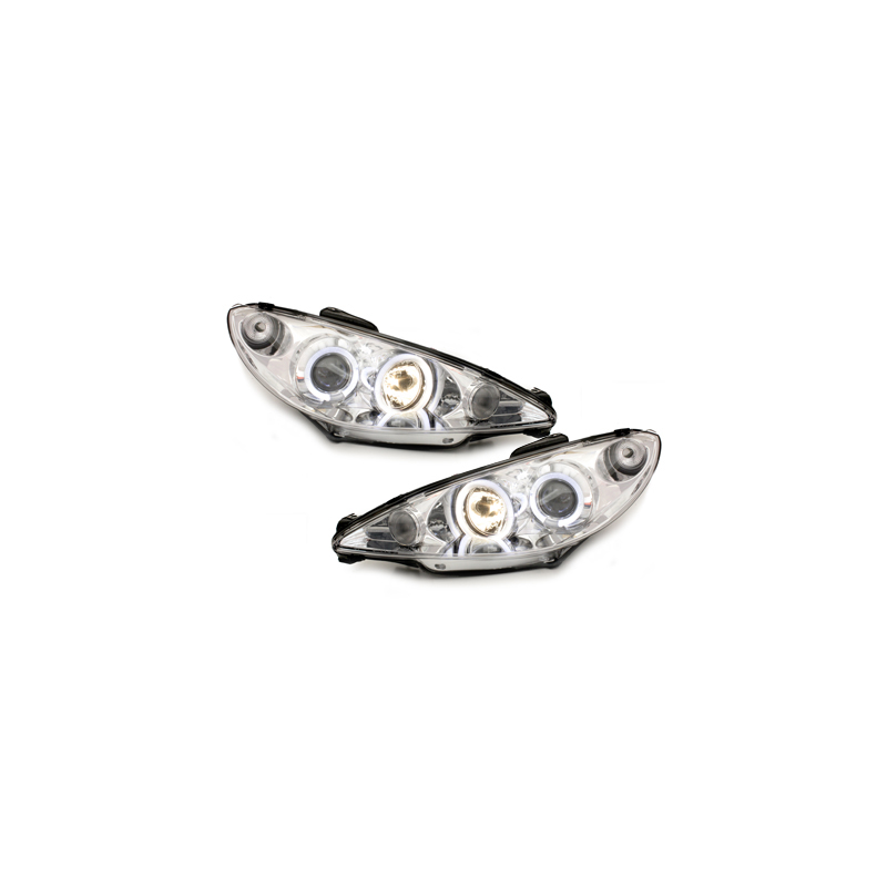 Phares Peugeot 206 98-07  avec 2 Anneaux lumineux Angel Eyes _ RHD Chrome