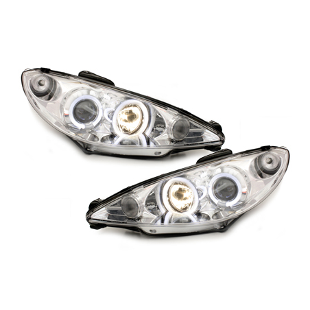 Phares Peugeot 206 98-07  avec 2 Anneaux lumineux Angel Eyes _ RHD Chrome