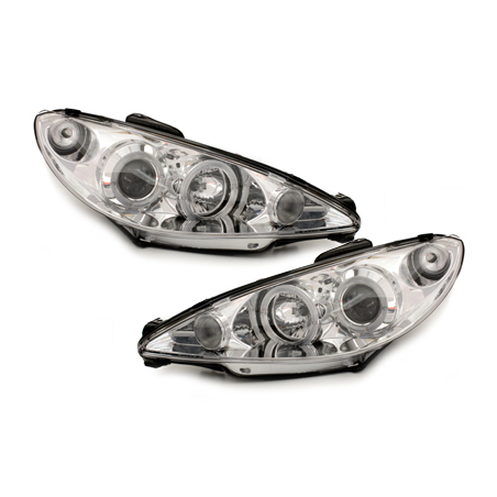 Phares Peugeot 206 98-07  avec 2 Anneaux lumineux Angel Eyes _ RHD Chrome