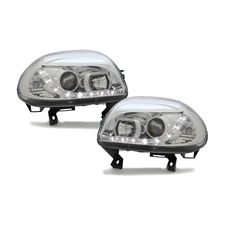 Phares DAYLINE Renault Clio II 98-01 avec Feux Diurne Led Chrome Phares DAYLINE Renault Clio II 98-01 avec Feux Diurne Led Chrome
