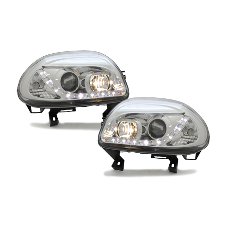 Phares DAYLINE Renault Clio II 98-01 avec Feux Diurne Led Chrome Phares DAYLINE Renault Clio II 98-01 avec Feux Diurne Led Chrome