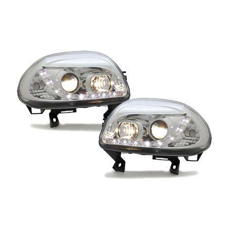 Phares DAYLINE Renault Clio II 98-01 avec Feux Diurne Led Chrome Phares DAYLINE Renault Clio II 98-01 avec Feux Diurne Led Chrome