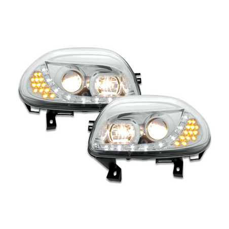 Phares DAYLINE Renault Clio II 98-01 avec Feux Diurne Led Chrome Phares DAYLINE Renault Clio II 98-01 avec Feux Diurne Led Chrome