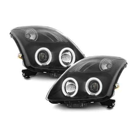 Phares Suzuki Swift 05-10 avec anneaux lumineux angel eyes CCFL Noir Phares Suzuki Swift 05-10 avec anneaux lumineux angel eyes CCFL Noir