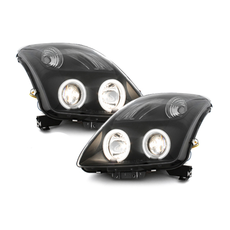 Phares Suzuki Swift 05-10 avec anneaux lumineux angel eyes CCFL Noir Phares Suzuki Swift 05-10 avec anneaux lumineux angel eyes CCFL Noir