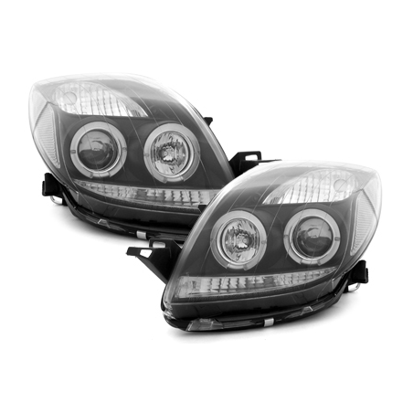 Phares Toyota Yaris 06-09 avec 2 Anneaux lumineux Angel Eyes  Noir