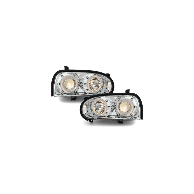 Phares VW Golf III 92-98 Chrome avec anneaux lumineux LED