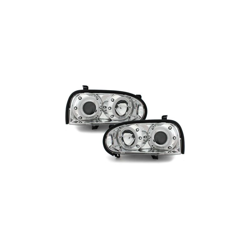 Phares VW Golf III 92-98 Chrome avec anneaux lumineux LED