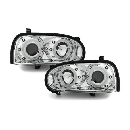 Phares VW Golf III 92-98 Chrome avec anneaux lumineux LED