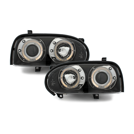 Phares VW Golf III 92-98 Noir avec anneaux lumineux LED