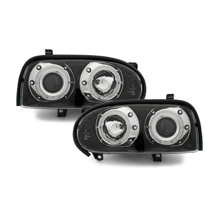 Phares VW Golf III 92-98 Noir avec anneaux lumineux LED