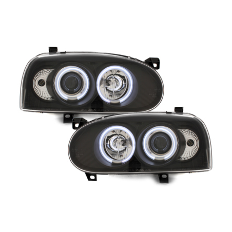 Phares VW Golf III 92-98 avec anneaux lumineux angel eyes CCFL Noir Phares VW Golf III 92-98 avec anneaux lumineux angel eyes CCFL Noir