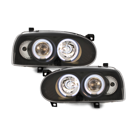 Phares VW Golf III 92-98 avec anneaux lumineux angel eyes CCFL Noir Phares VW Golf III 92-98 avec anneaux lumineux angel eyes CCFL Noir