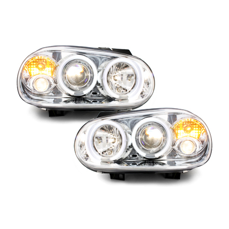 Phares VW Golf IV 97-04 avec anneaux lumineux angel eyes CCFL Chrome Phares VW Golf IV 97-04 avec anneaux lumineux angel eyes CCFL Chrome