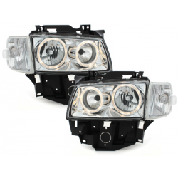 Phares VW T4 97-03  avec 2 Anneaux lumineux Angel Eyes  Chrome