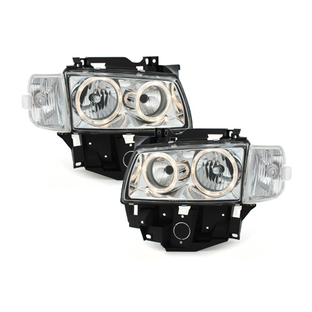 Phares VW T4 97-03  avec 2 Anneaux lumineux Angel Eyes  Chrome