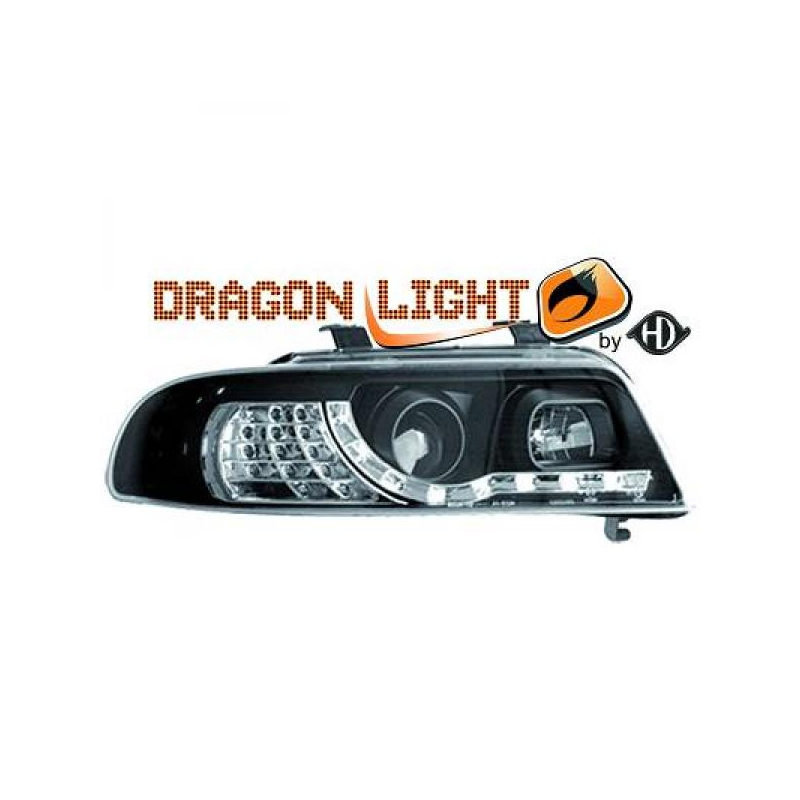 fari con LED diurni, DragonLights, nero, con un lampeggiante a LED AUDI A4, 