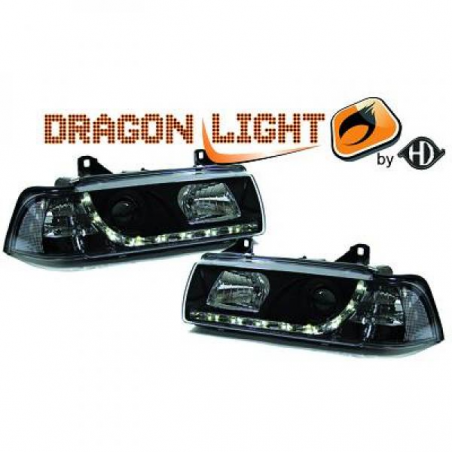 fari con LED diurni, DragonLights, nero-BMW E36 Berlina /TOURING