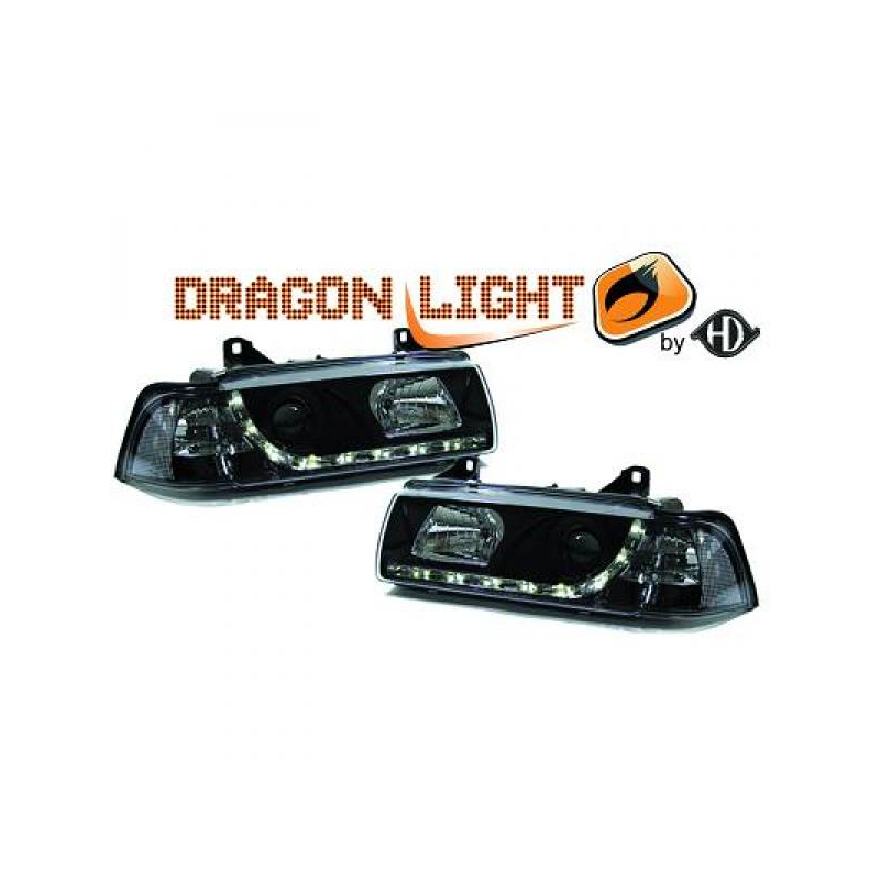 fari con LED diurni, DragonLights, nero, BMW E36, COUPÉ/CABRIO