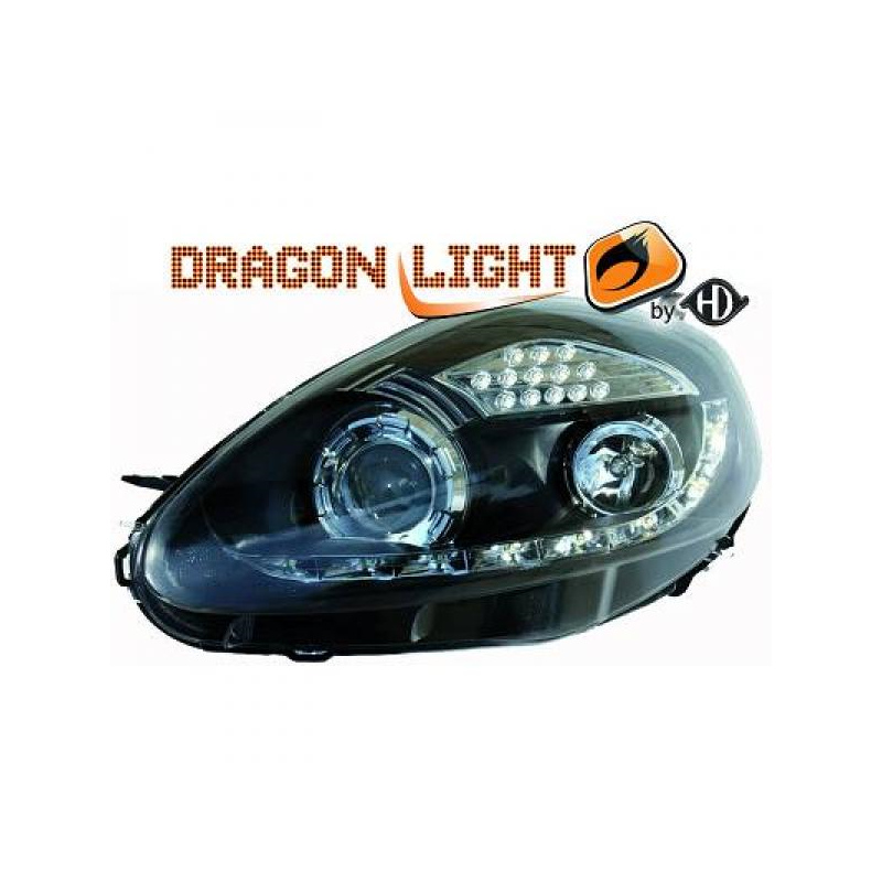 fari con LED diurni, DragonLights, nero, Fiat Grande Punto,