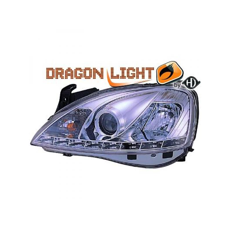 fari con LED diurni, DragonLights, cromo, OPEL CORSA C 
