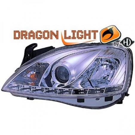 fari con LED diurni, DragonLights, cromo, OPEL CORSA C fari con LED diurni, DragonLights, cromo, OPEL CORSA C