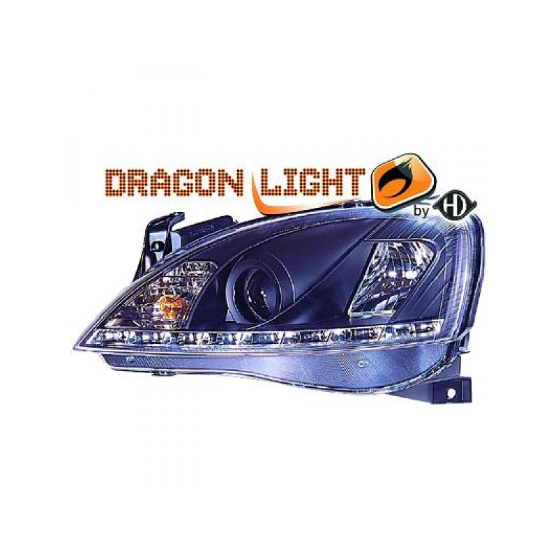 fari con LED diurni, DragonLights, nero OPEL CORSA C 