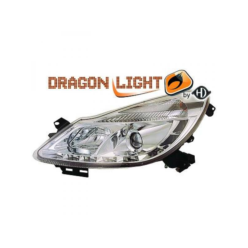 fari con LED diurni, DragonLights, cromo, OPEL CORSA D