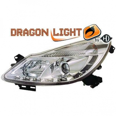 fari con LED diurni, DragonLights, cromo, OPEL CORSA D fari con LED diurni, DragonLights, cromo, OPEL CORSA D