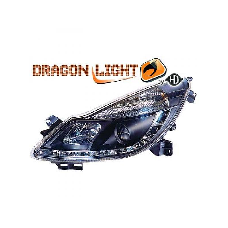 fari con LED diurni, DragonLights, nero OPEL CORSA D