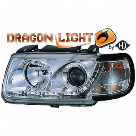 Phares avec feux diurne LED DragonLights, cromo VW POLO 6N Phares avec feux diurne LED DragonLights, cromo VW POLO 6N