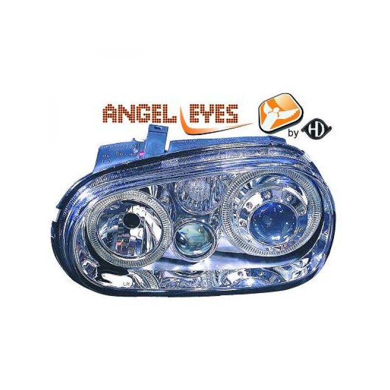 phares design, chrome, H7/H1/H3, régl. électr., anti-br., Look R32, anneaux