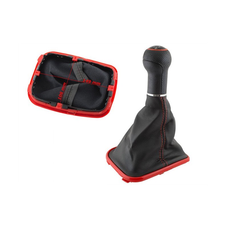 Pommeau 6 vitesses avec soufflet avec base et surpiqures rouge