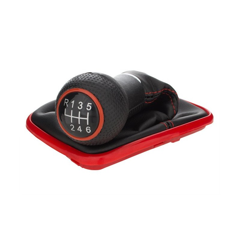 Pommeau 6 vitesses avec soufflet avec base et surpiqures rouge