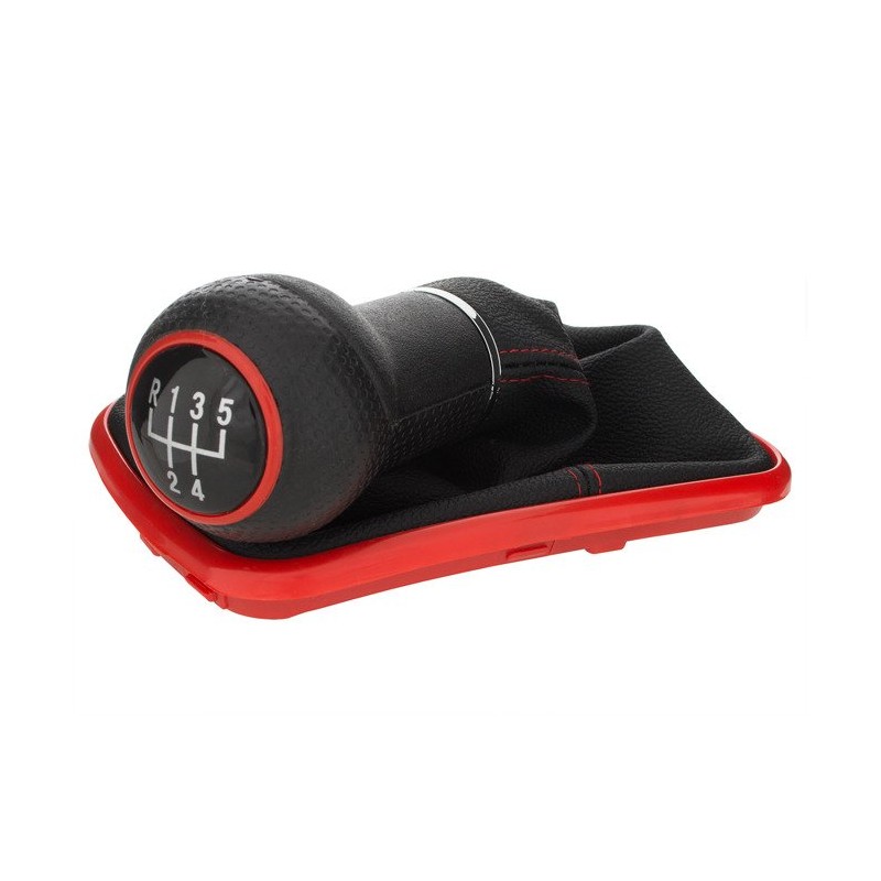 Pommeau 5 vitesses avec soufflet surpiqué et base rouge (23mm)