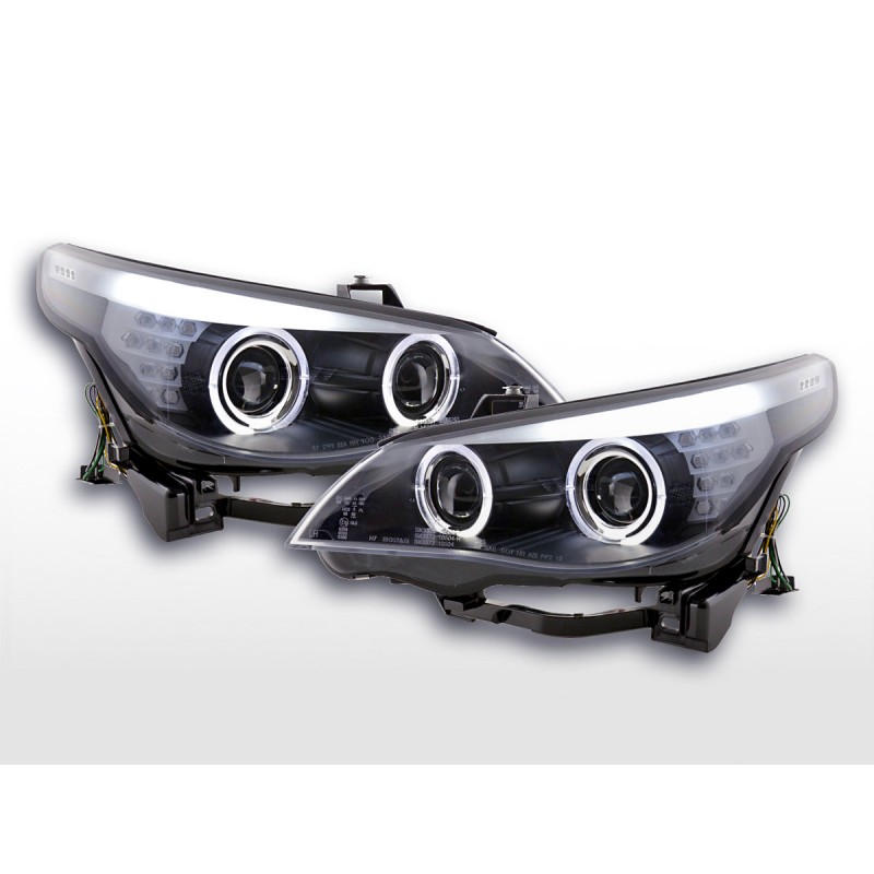 Phares Xenon Angel Eyes LED BMW 5er E60 / E61 05-08 noir pour conduite à droite