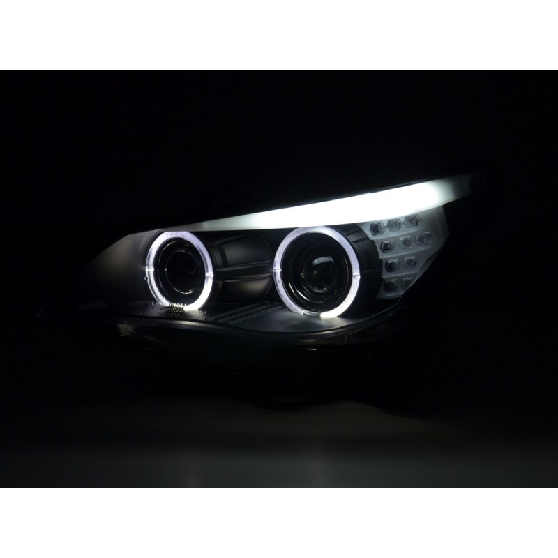 Phares Xenon Angel Eyes LED BMW 5er E60 / E61 05-08 noir pour conduite à droite