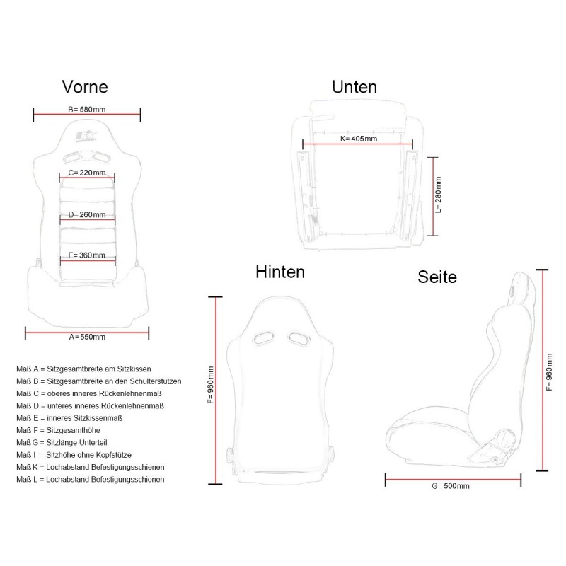 Sièges sport FK Sièges baquets complets pour voiture Set Düsseldorf tissu noir
