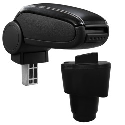 HTD081 Accoudoir central Dacia Sandero 2 avec compartiment de rangement, Couvercle en simili cuir noir avec couture blanche