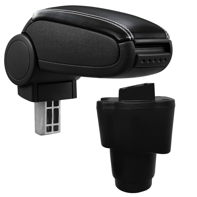 HTD081 Accoudoir central Dacia Sandero 2 avec compartiment de rangement, Couvercle en simili cuir noir avec couture blanche