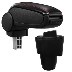 HTD081 Accoudoir central Dacia Sandero 2 avec compartiment de rangement, Couvercle en simili cuir noir avec couture rouge 