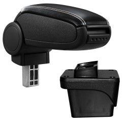 HTD077 + LC503 Accoudoir central VW Polo 6 avec compartiment de rangement, Couvercle en simili cuir noir avec couture blanche