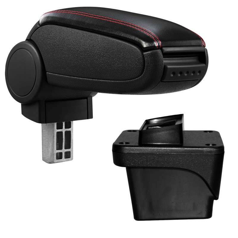 HTD077 + LC502 Accoudoir central VW Polo 6 avec compartiment de rangement, Couvercle en simili cuir noir avec couture rouge 