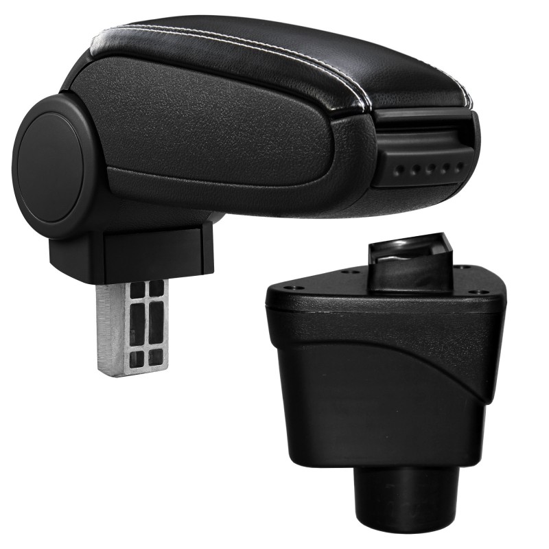 HTD076 + LC503 Accoudoir central Ford EcoSport 2 avec compartiment de rangement, Couvercle en simili cuir noir avec couture blan